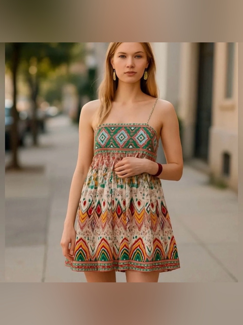 NWT Zara Embroidered Geometric Spaghetti-Strap Mini Dress Womens Size Medium